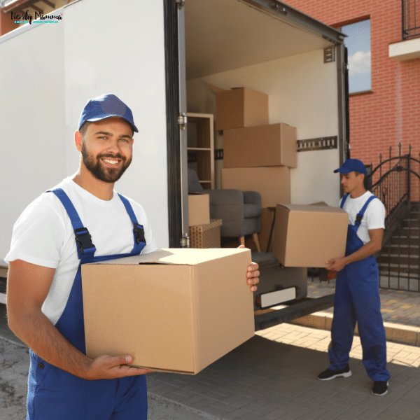 An image of movers carrying boxes into a moving van.