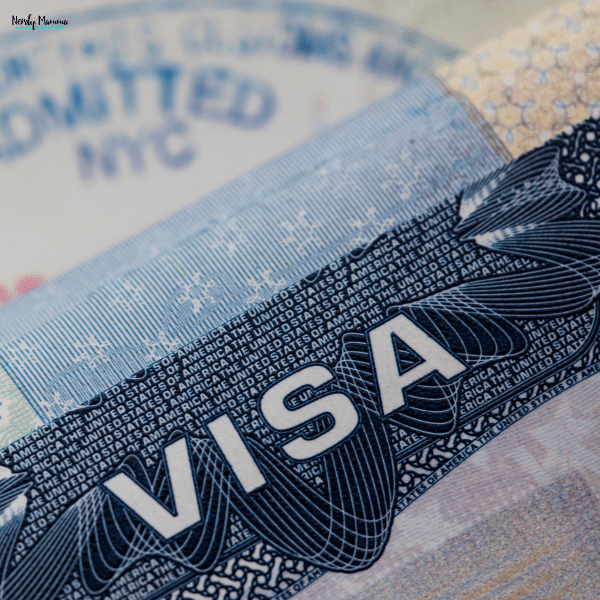 A close-up view of a visa document showing security features and fine print.