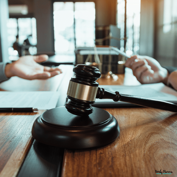 Judge’s gavel resting on a desk during a meeting between a lawyer and client discussing a workplace injury case.