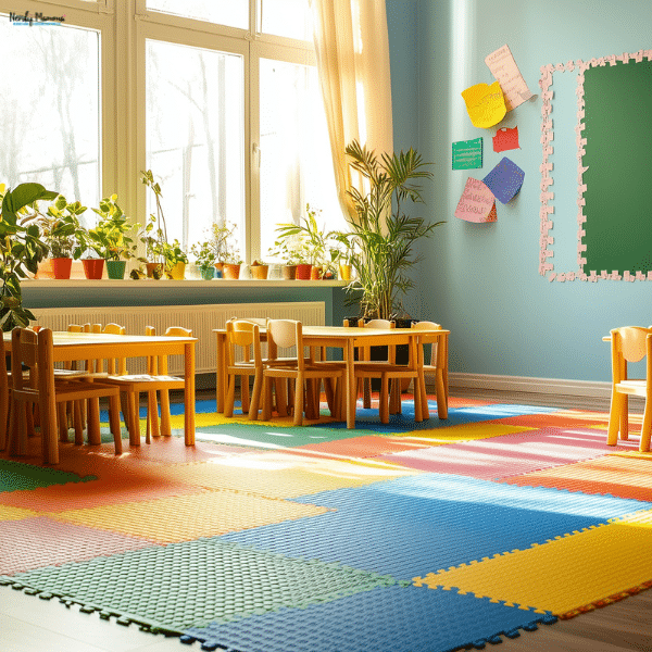 Bright preschool classroom with small tables, chairs, colorful floor mats, and a tidy learning environment for young children.