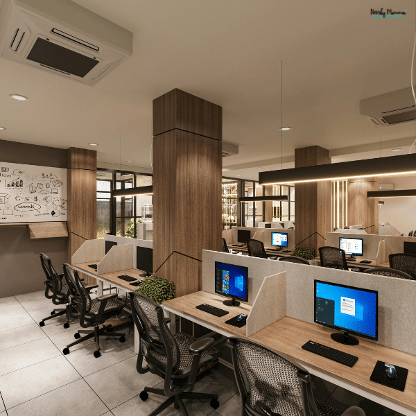 Modern office workspace with modular desks and partitioned stations, showing a scalable layout that supports team growth while maintaining organization.