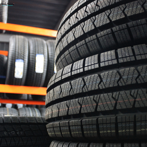 Stacked 235/40R19 tires on display in a shop, showing detailed tread patterns designed for grip and performance.