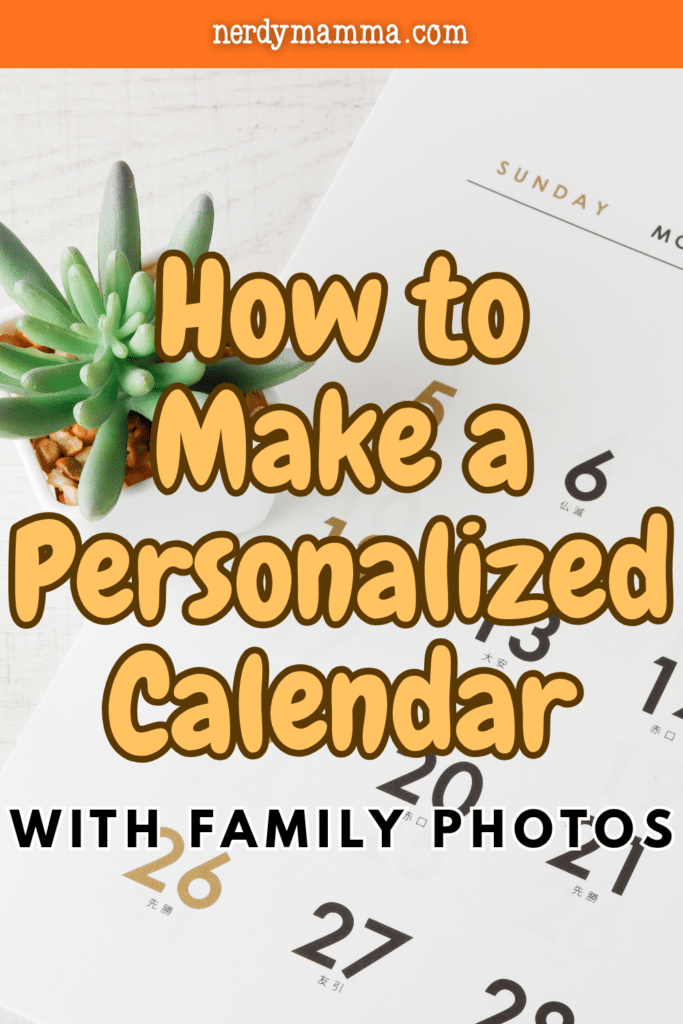 Succulent plant next to a modern calendar page showing a personalized calendar with family photos DIY craft for gifts and planning.