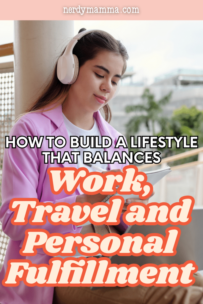 Young woman wearing headphones while reading outdoors, representing personal growth, remote work, and building a balanced lifestyle.