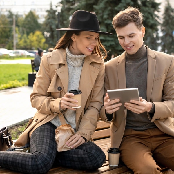 Stylish couple in neutral trenchcoats sitting outdoors while using a tablet and coffee cups to showcase fashionable everyday clothing inspiration.