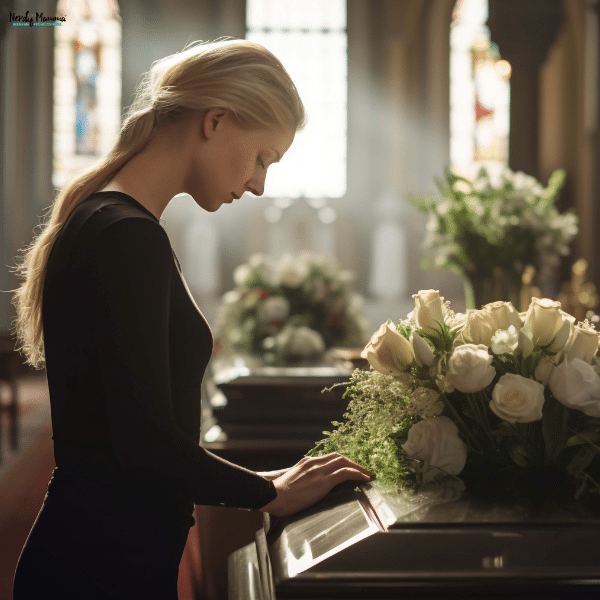 Person standing beside a flower-covered casket during a memorial service, reflecting on end-of-life planning and funeral expenses.
