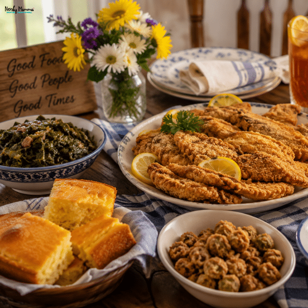 Traditional Mississippi comfort foods including fried fish, cornbread, seasoned greens, and classic Southern side dishes served around the table.