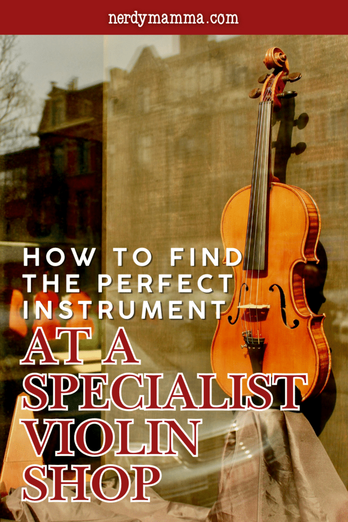 Violin displayed in a specialist music store, representing the process of choosing the right instrument with expert guidance and personalized support.