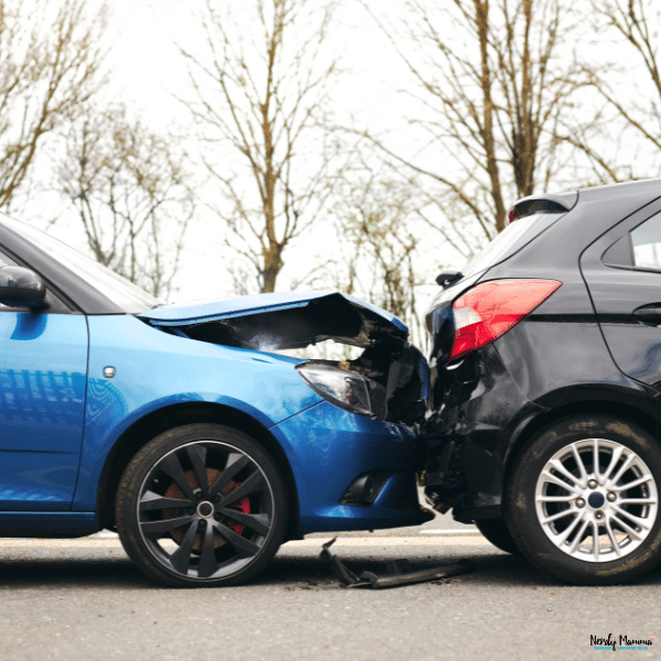 Two damaged vehicles after a rear-end collision, showing visible crash damage that may support an accident injury claim.