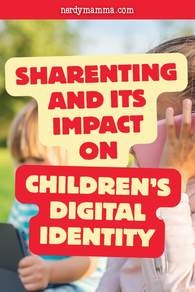 Child using a tablet outdoors while another child sits nearby, representing how online activity can contribute to a child's long-term digital footprint.