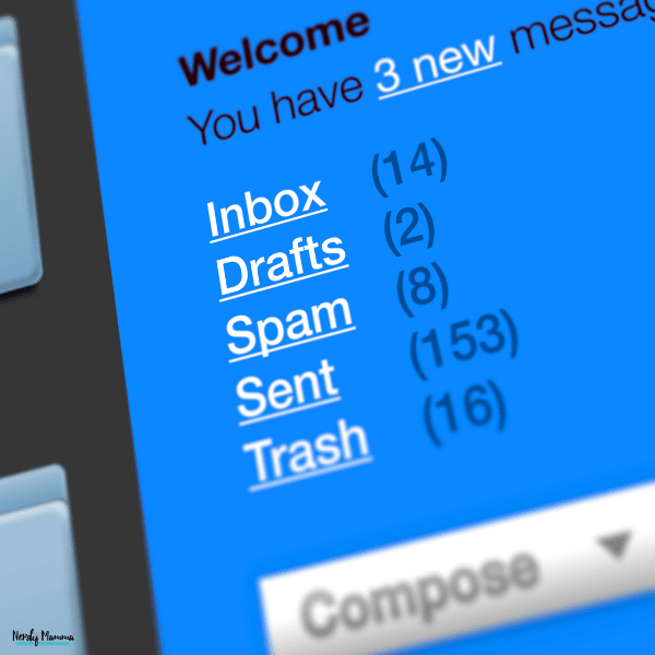 Email inbox interface displaying multiple folders and message counts, highlighting email account organization and digital privacy concerns.