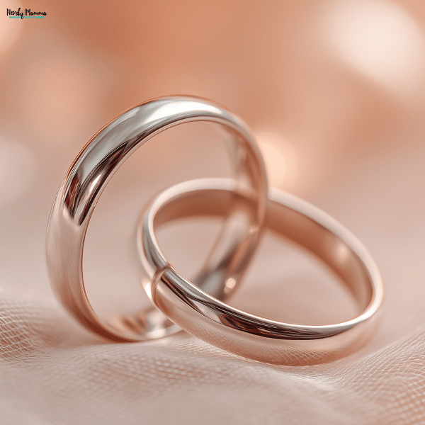 Two polished white gold wedding bands resting on soft fabric, showcasing a timeless and minimalist bridal jewelry design.