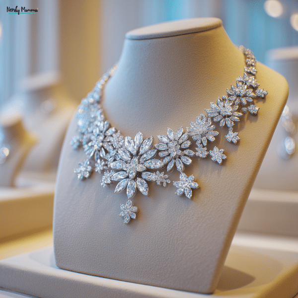 Elegant diamond floral necklace displayed in a jewelry showroom, highlighting fine craftsmanship and luxury jewelry design.