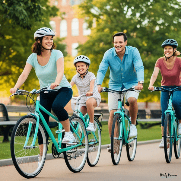 A family enjoys a bike ride together while wearing helmets and using well-maintained rental bicycles on a scenic path.