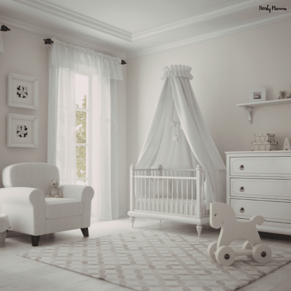 Bright and organized nursery featuring a crib, rocking chair, and soft furnishings arranged with baby safety and comfort in mind.