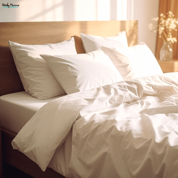 Sunlit bedroom featuring soft white bedding and pillows, highlighting the comfort and simplicity of eco-friendly sleep products.