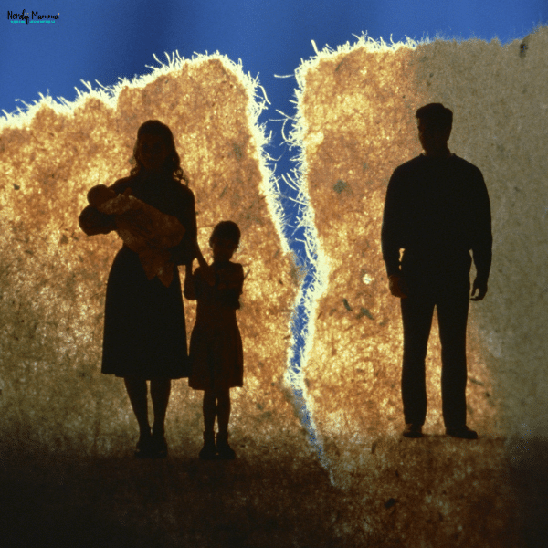Silhouettes of parents and children standing apart, representing the emotional impact of family separation and changing family relationships.