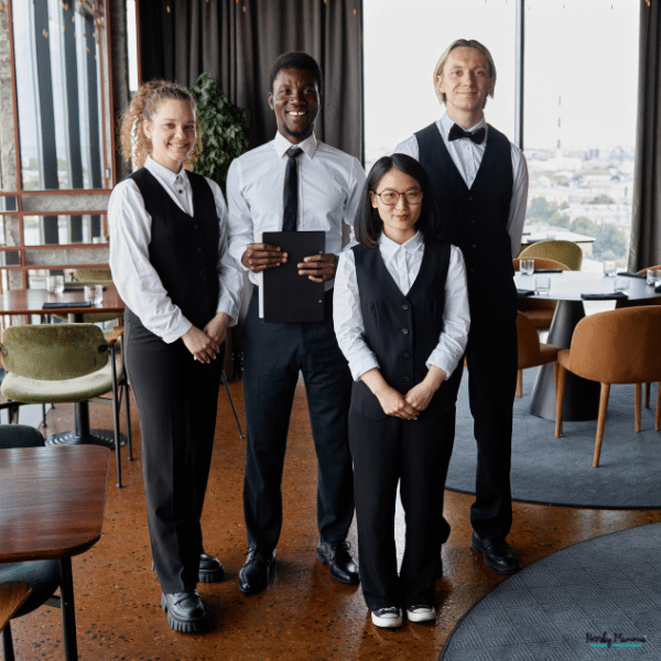A team of employees wears coordinated professional uniforms, showing polished and practical outfit ideas for a small business.