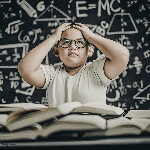 A frustrated student sits with open books while trying to solve challenging math problems in a classroom.