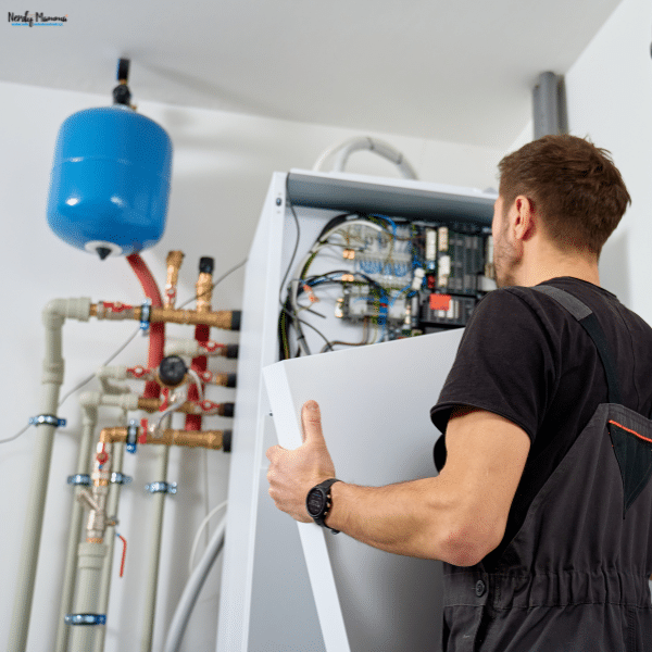 HVAC technician inspecting the internal controls and components of a home heating and cooling system during professional maintenance.