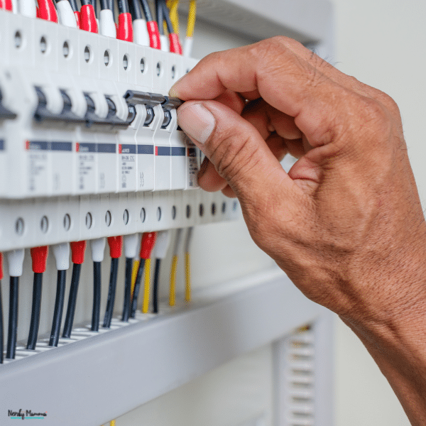 A close-up of a person adjusting an AC circuit breaker inside a wired electrical panel.