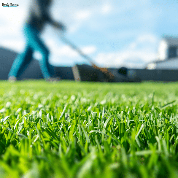 A close view of a lush lawn shows someone tending the grass in the background.