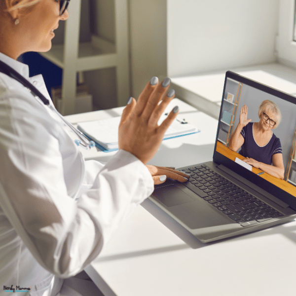 A doctor speaks with an older woman during a video appointment on a laptop for convenient online prescription care.