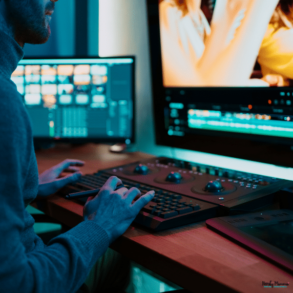 A person uses editing controls and multiple monitors to produce a professional-looking video.