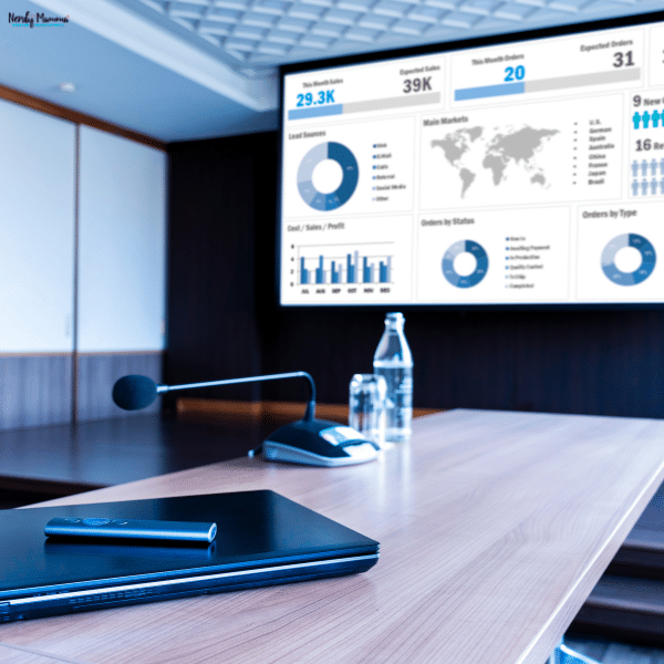 Conference room prepared for an effective presentation with a laptop, microphone, water bottles, and data charts displayed on a large screen.
