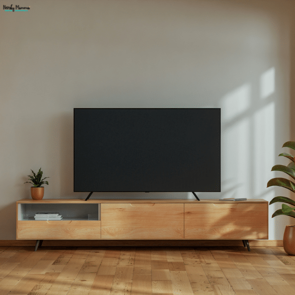 A flat-screen television sits on the Ansel Stand in a bright minimalist living room with potted plants.