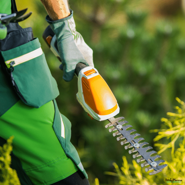 Gardener holding a cordless hedge trimmer while working around shrubs, showing a useful battery-powered tool for garden maintenance projects.