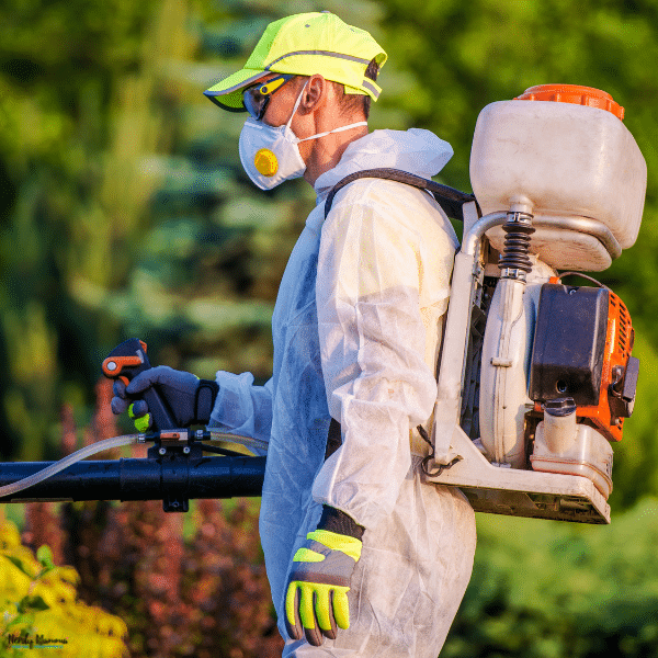 Perimeter pest treatment is applied outdoors with powered spraying equipment to create a protective barrier around the property.