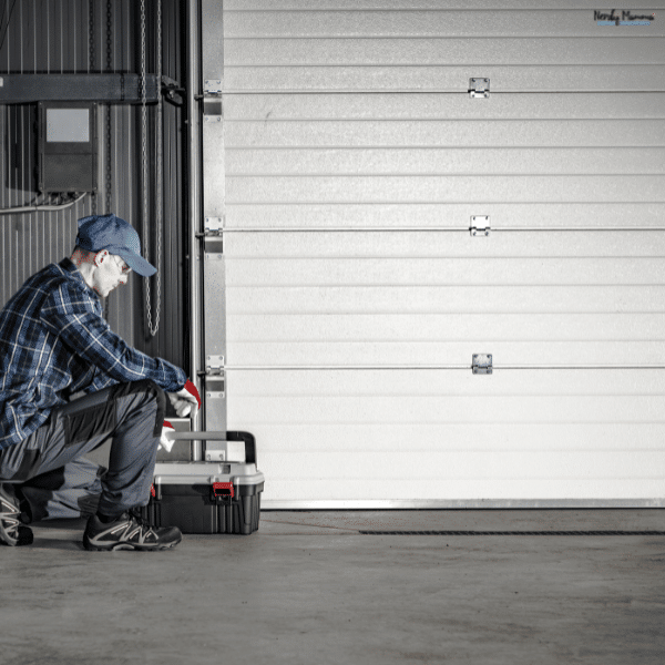 Garage door technician performing preventive maintenance beside a residential garage door to help identify problems before costly repairs are needed.