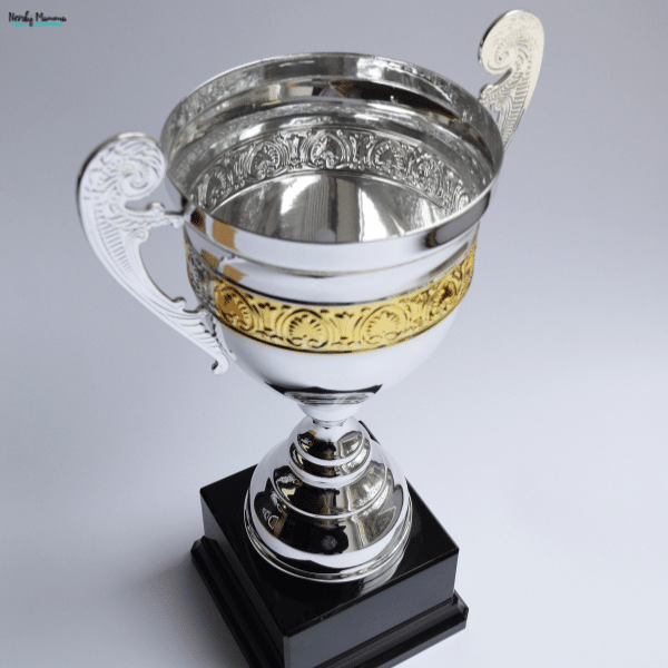 A silver fishing trophy with ornate handles, a gold decorative band, and a black base stands against a pale background.