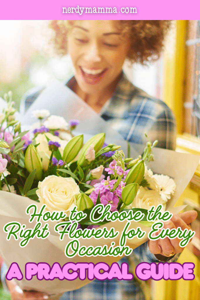 A smiling woman holds cream roses, unopened lilies, and colorful blooms, illustrating choosing the right flowers for a personal celebration.