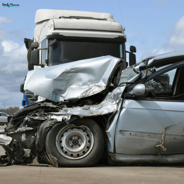 A car with a crushed front end and shattered windshield sits before a semi-truck, illustrating a collision that could cause severe injuries.